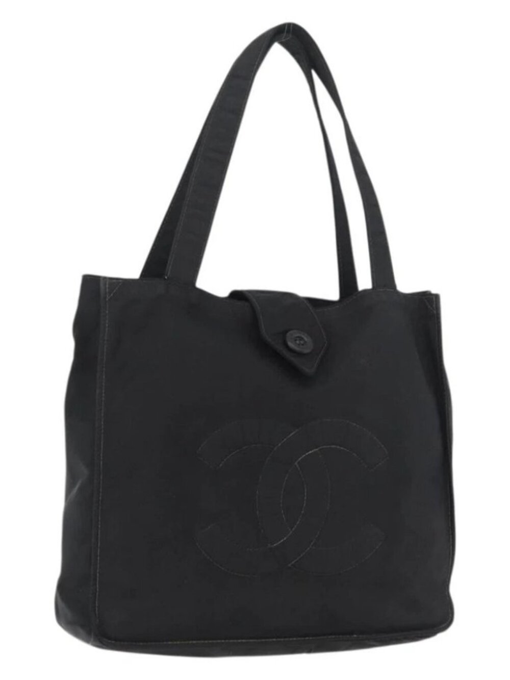 CHANEL Hand Bag Nylon Black Silver CC Auth 176247